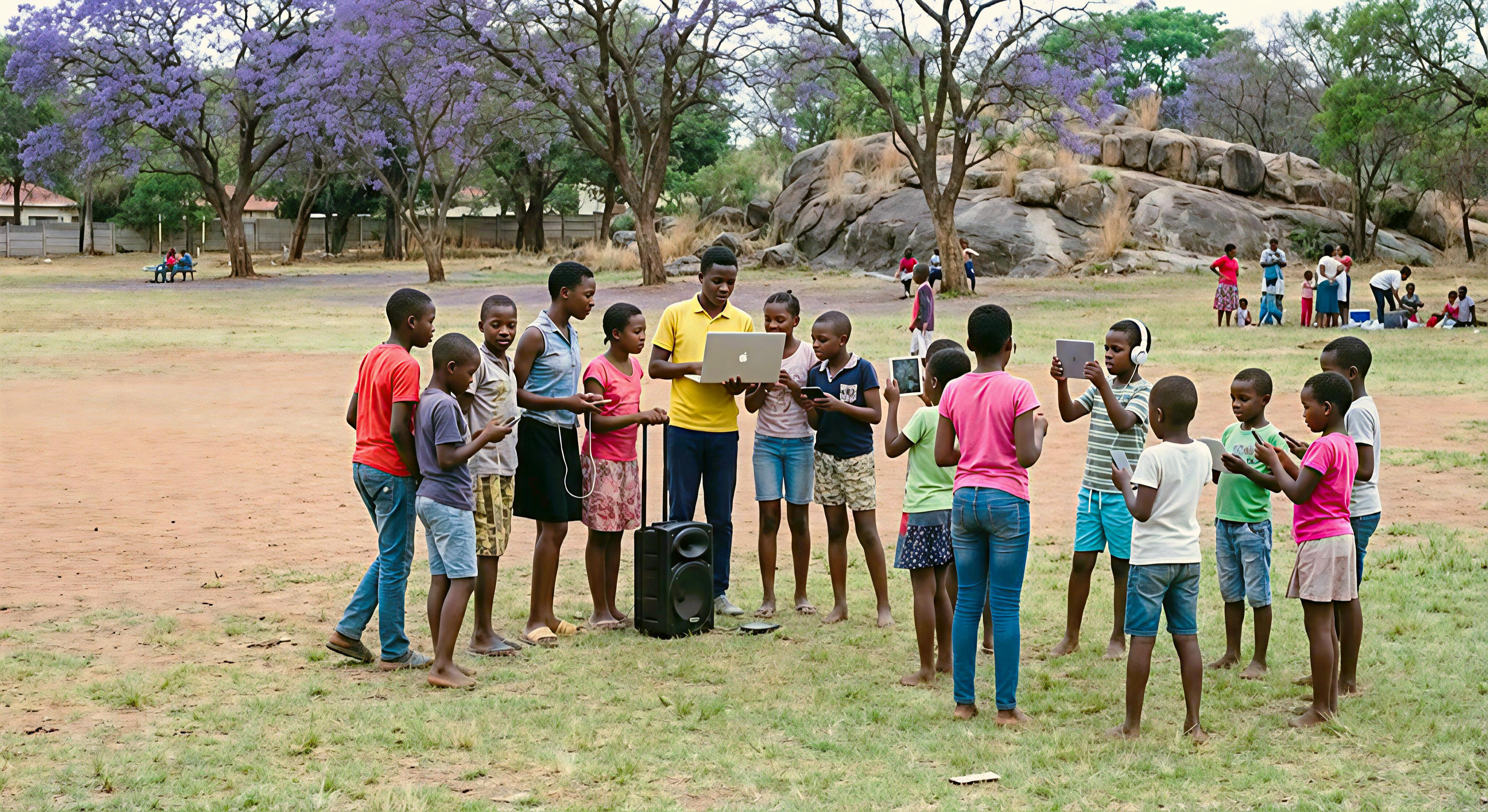 Children learning with digital devices in Zimbabwe